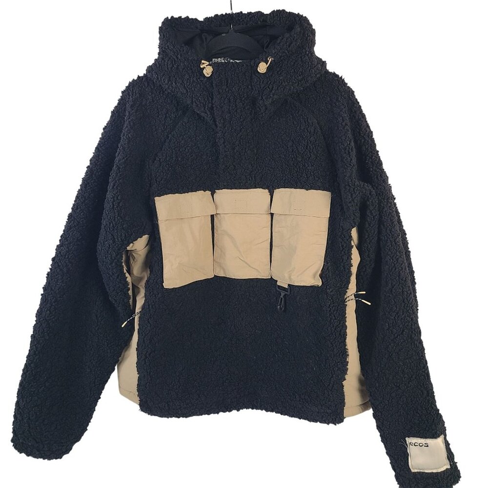 NWT RC Outdoor Supply Sherpa Fleece Jacket With Khaki Pockets & Hood Black Sz S